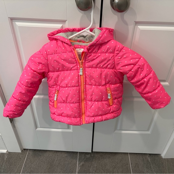 USED 24mo girls puffy snowsuit, Carter’s, pink/gray winter jacket & overalls - Picture 4 of 16
